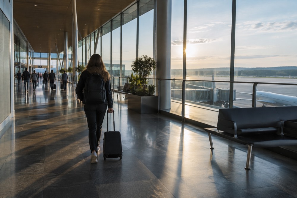 Modern airport terminal interior with departure boards and travelers with luggage