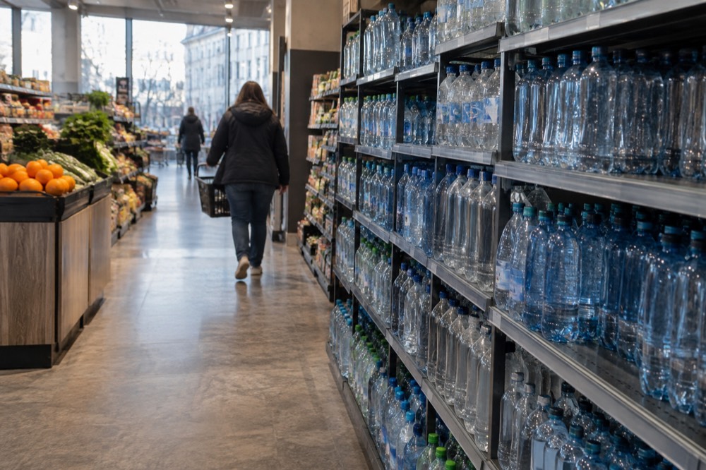 Supermarket shelves stocked with rows of bottled water in a Norwegian grocery store