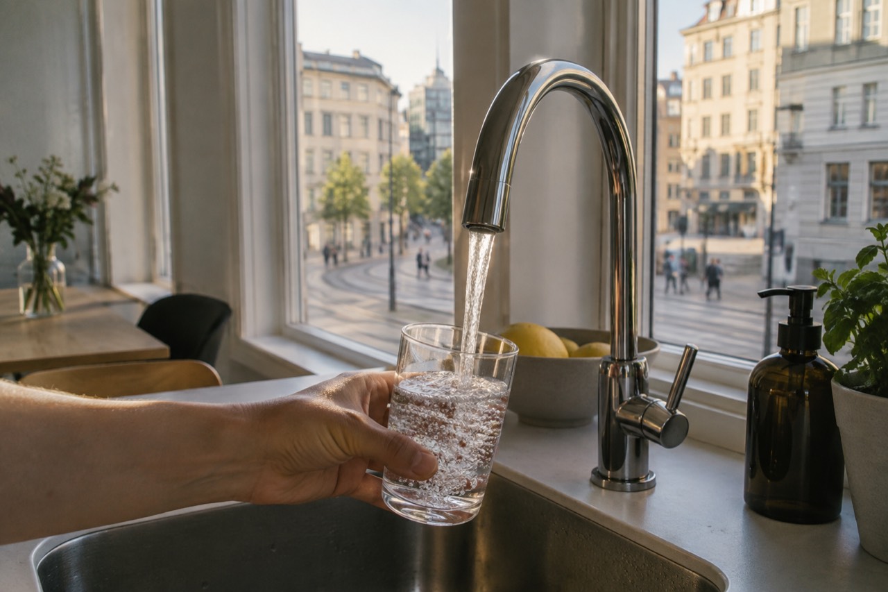 Clear water filling a glass from a modern kitchen tap in a bright Scandinavian room