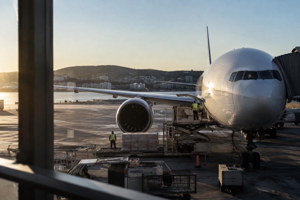 A wide-body aircraft parked at a gate before an evening departure