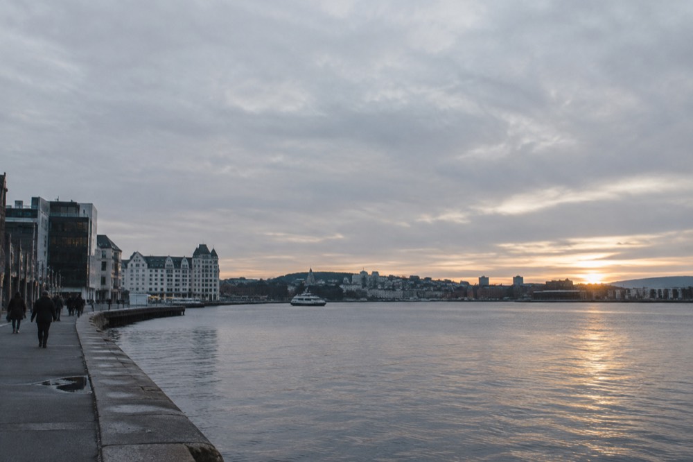 Evening light over the Oslofjord and the city skyline from the water