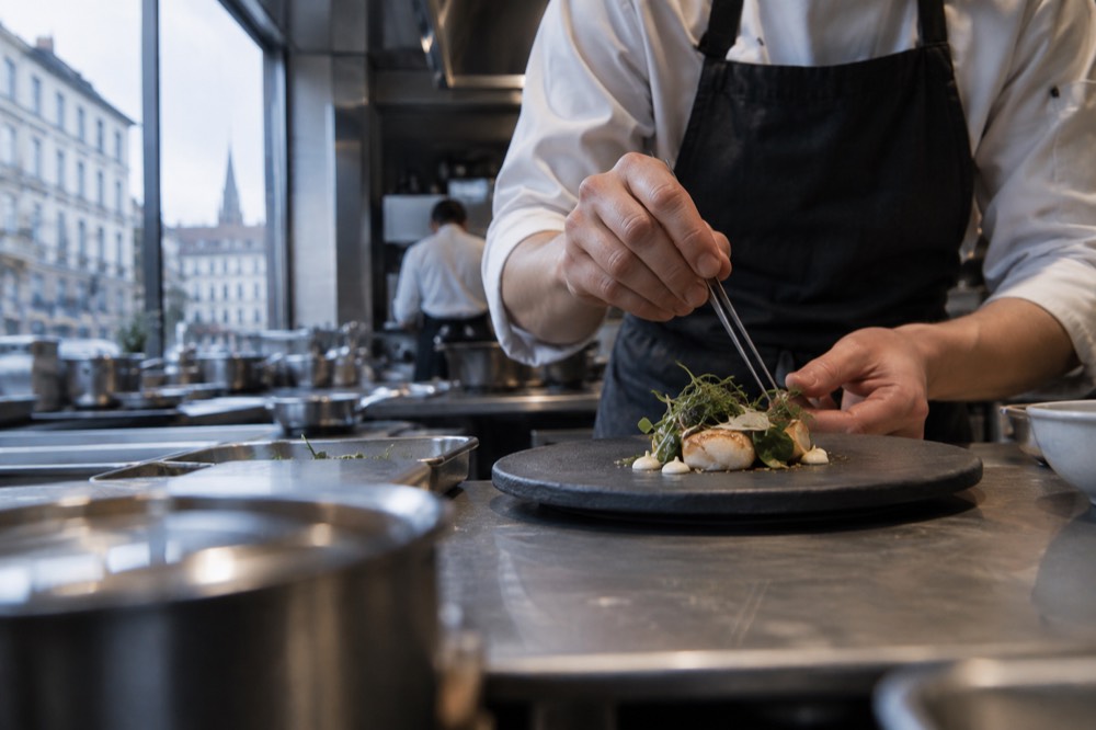 Chef plating a small fine-dining course on a slate plate in a restaurant kitchen