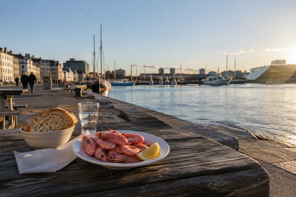 Fresh shrimp and bread served on a wooden table beside a harbour
