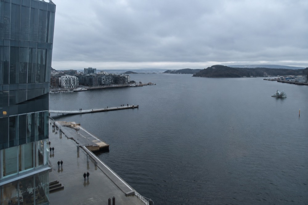 View from an upper floor of the MUNCH museum across the Oslofjord and Bjørvika rooftops