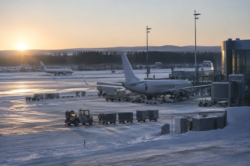Snow-covered runways and terminal buildings at Oslo Airport in winter light