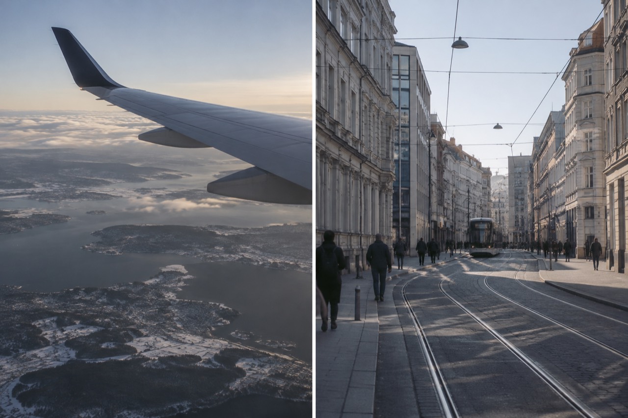 An airplane wing above clouds on approach to Oslo