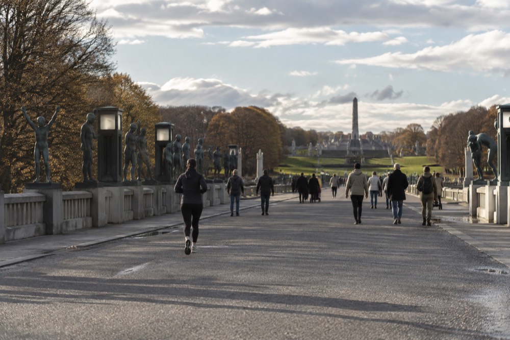 Sculptures along the bridge in Vigeland Park in soft light
