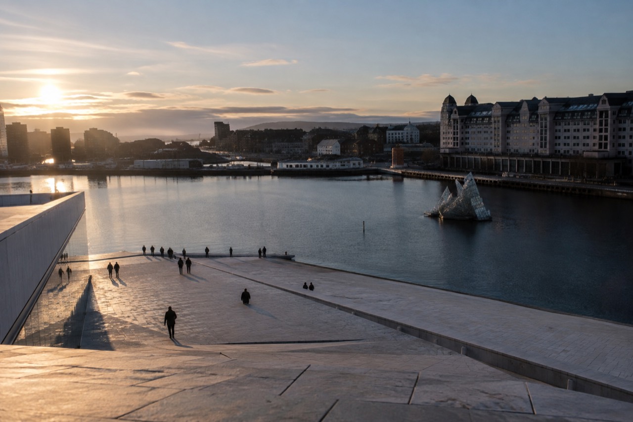 Oslo Opera House waterfront and harbor on a calm morning
