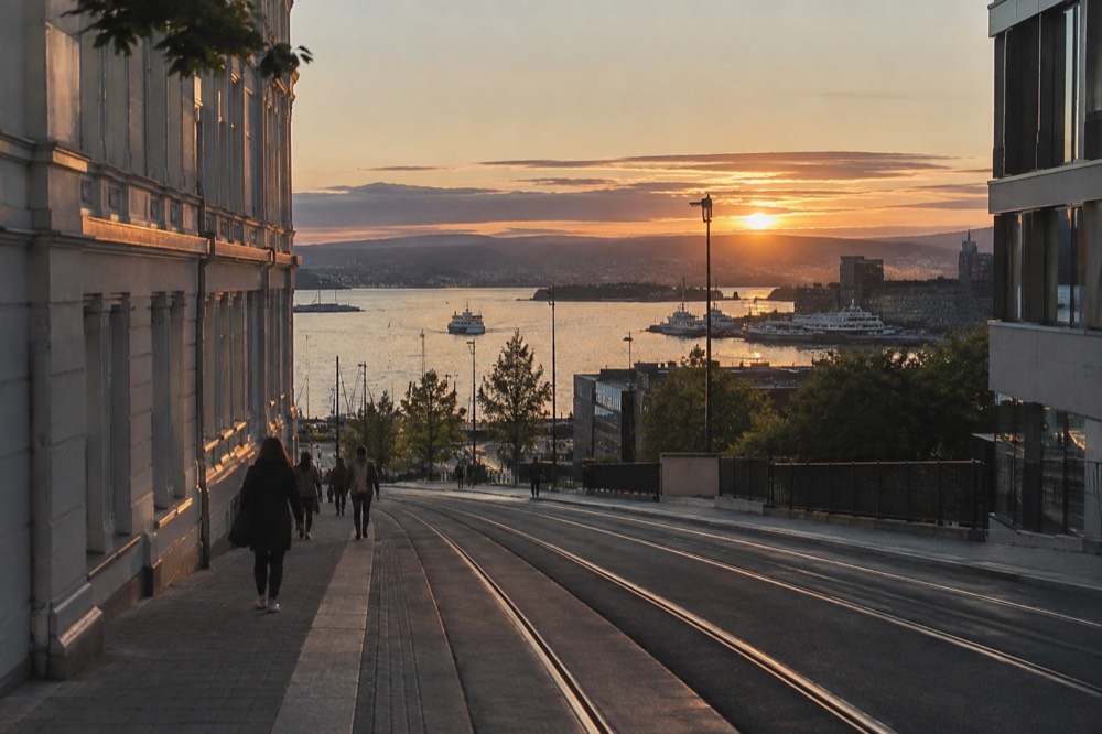 Evening light over the Oslofjord with the city skyline behind