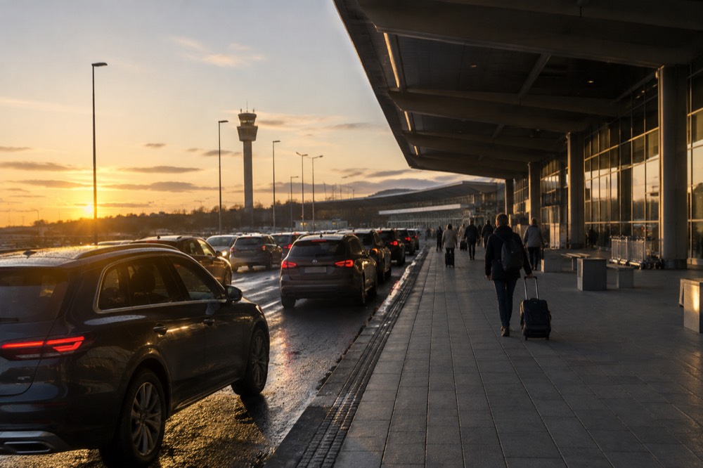 A taxi rank outside Oslo Airport Gardermoen terminal at dusk with a line of cars waiting