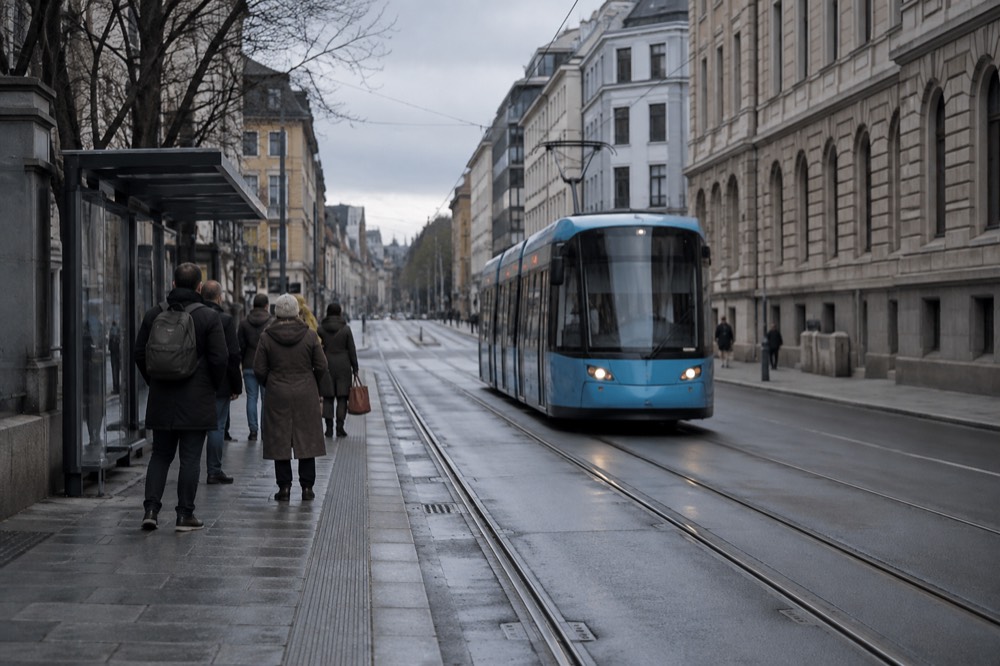 A tram moving down a street in Oslo with passengers waiting at a stop beside stone buildings