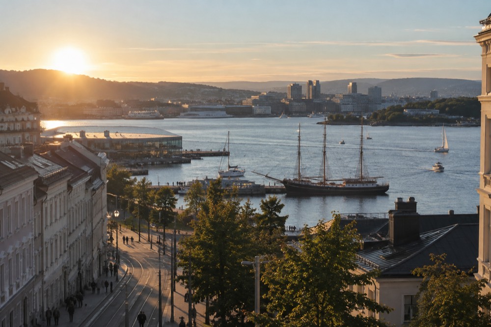 A wooden sailing ship and small boats on the Oslofjord with the city skyline behind them