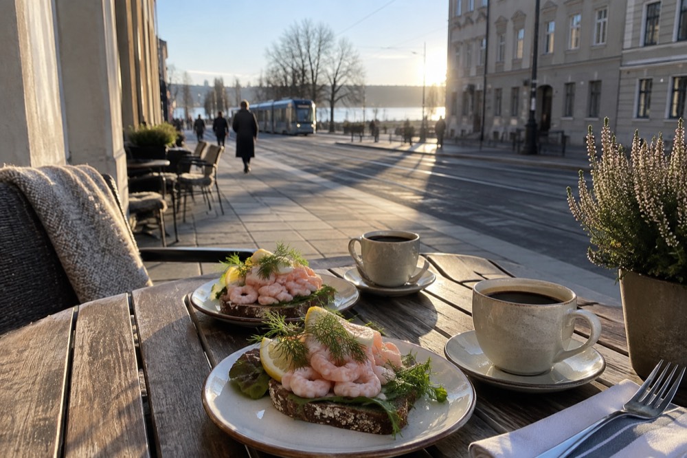 Open-faced shrimp sandwiches and coffee on a wooden cafe table in Oslo