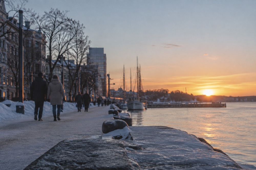 Winter lights along the Oslo waterfront with the fjord in the background at dusk