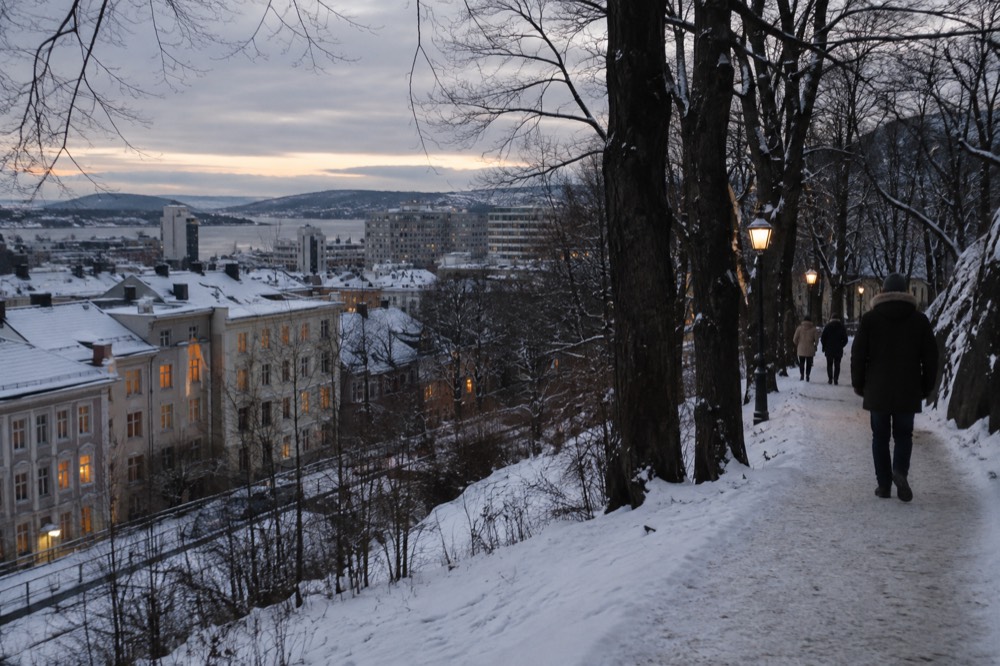 Torchlight and warm windows along a snowy path at the edge of an Oslo forest