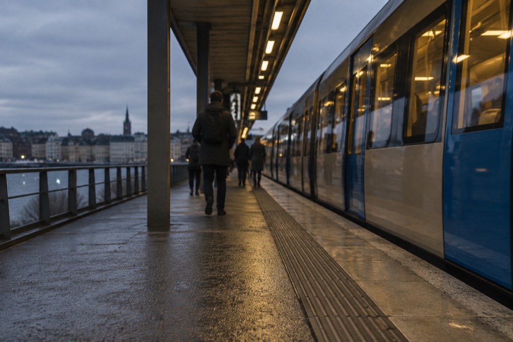 A rail platform at dusk with a train waiting under station lights