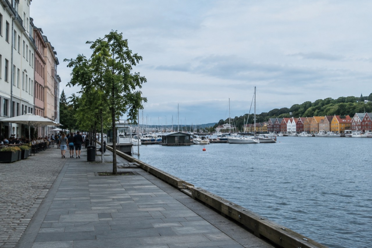 Colorful wooden houses along the Oslofjord waterfront on a bright summer day