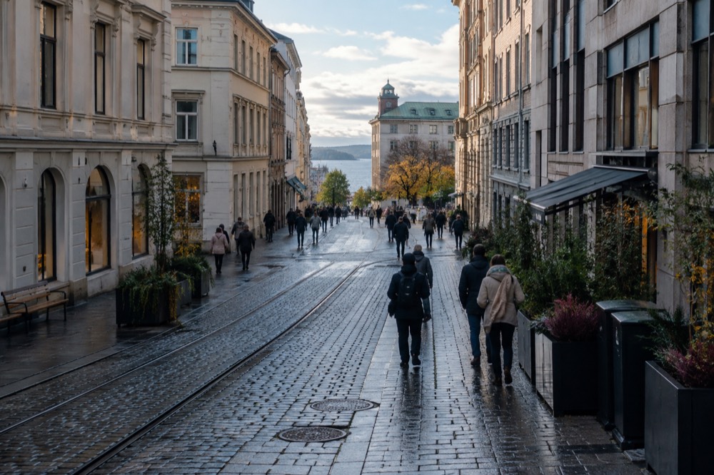 Pedestrian street in central Oslo with historic buildings and people strolling on cobblestones