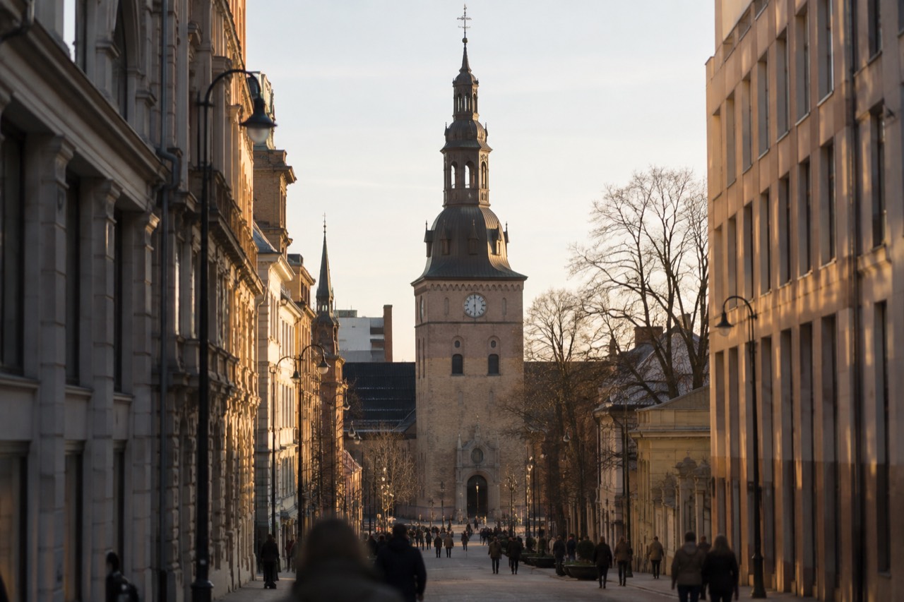 Oslo Cathedral facade seen from Karl Johans gate on a bright morning