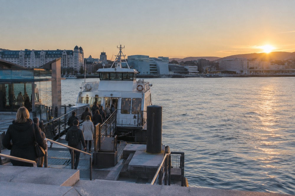 Oslo Pass holders boarding a ferry at a city pier with museum buildings beyond