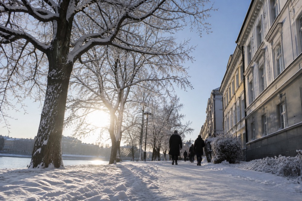 Frost-covered trees along a frozen path near Oslo in early winter