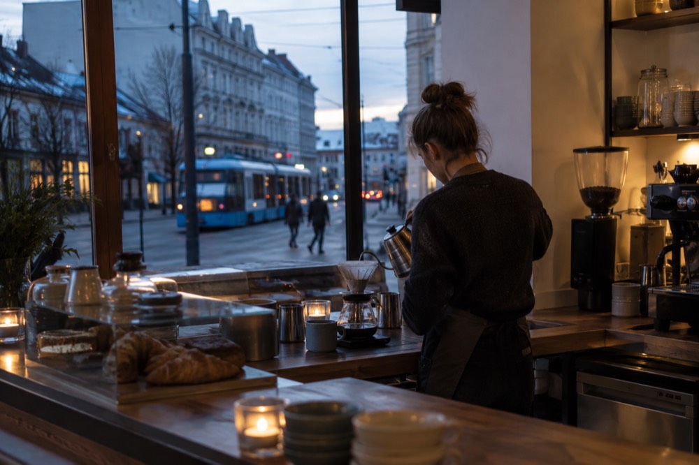 A barista pouring filter coffee behind a counter in a small Oslo espresso bar