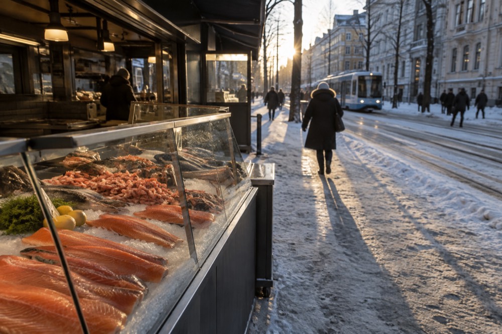 Seafood counter with cured salmon and shrimp displayed on ice