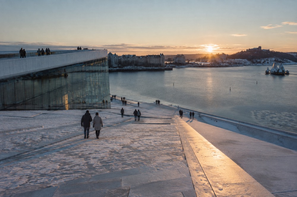 Snow-covered marble slopes of the Opera House roof in winter light