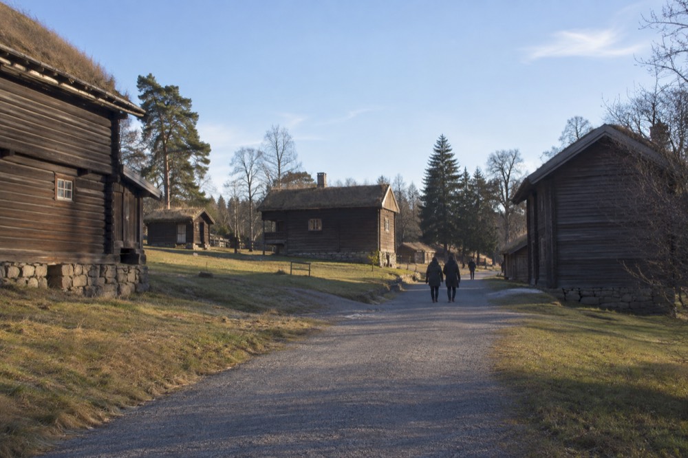 Historic wooden buildings arranged along a gravel street at an open-air museum