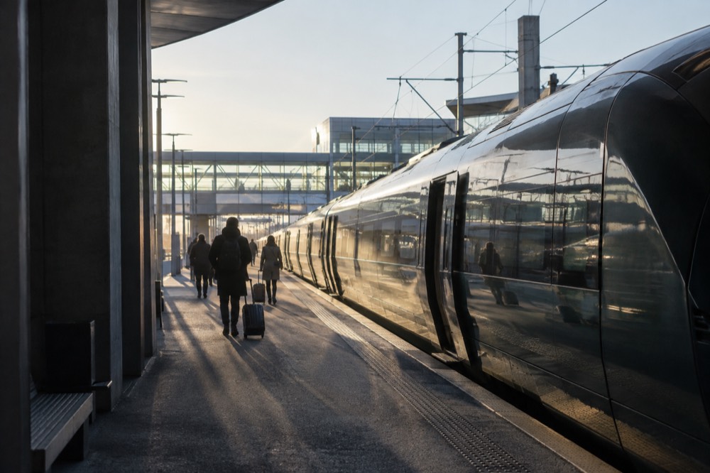 A train platform at Oslo Airport Gardermoen with a modern express train waiting