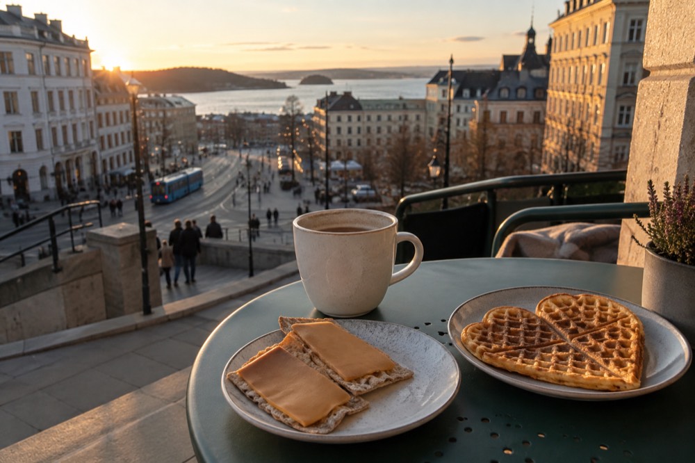 Slices of brown cheese on crispbread beside a heart-shaped waffle on a cafe table