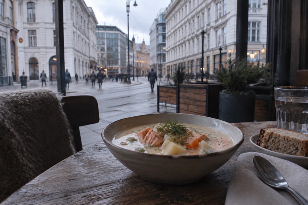 A bowl of Norwegian fish soup with salmon, root vegetables and cream on a rustic table