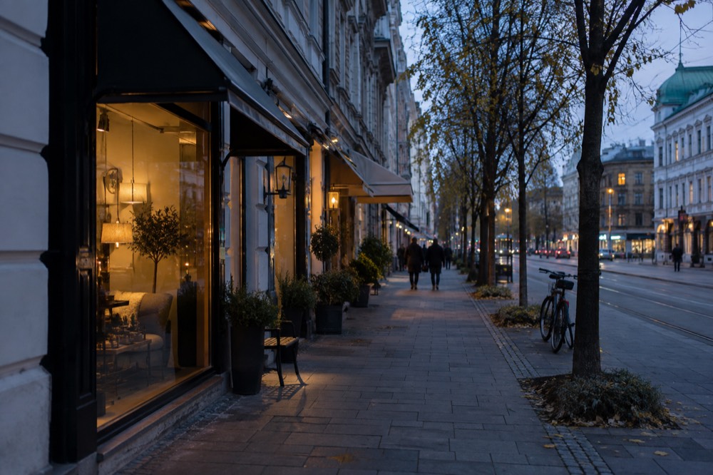 A row of independent boutique storefronts with awnings on a tree-lined Oslo street