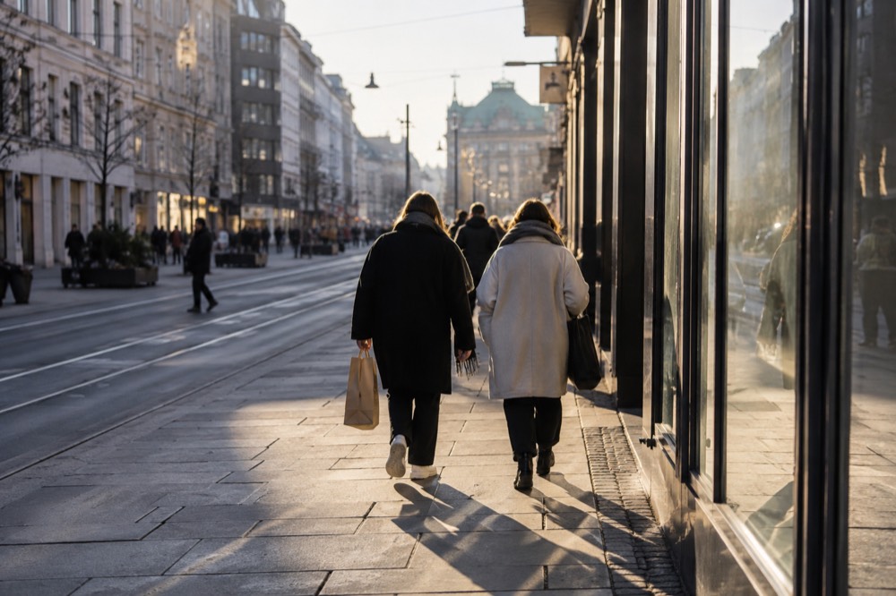 Shoppers walking along a wide Oslo shopping street with tram tracks and storefronts