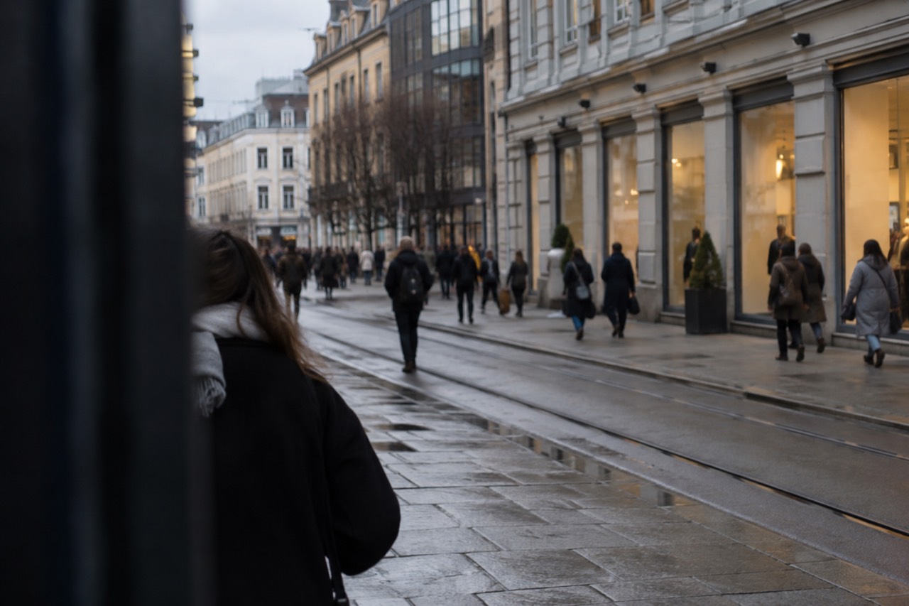 Shop fronts and a pedestrian shopping street in central Oslo on a bright day