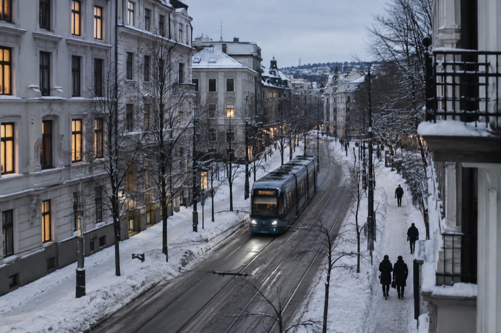 Snow-covered Oslo street with warm window light in late afternoon
