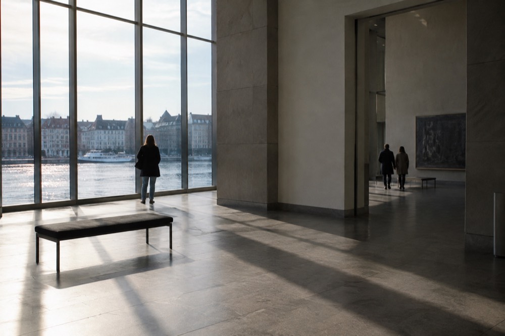 Museum interior in Oslo with tall windows and stone floors