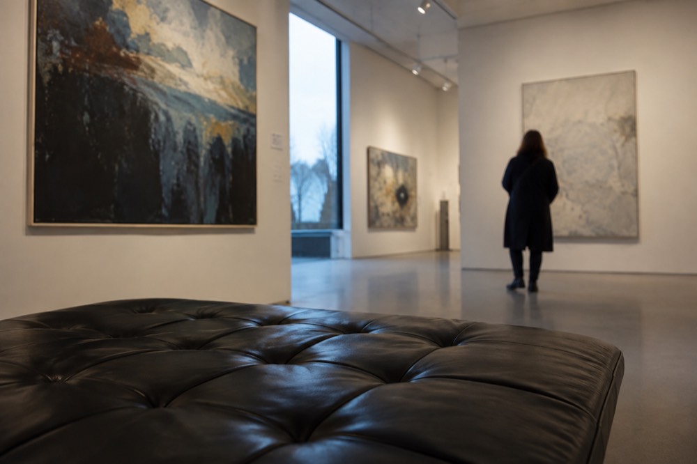 Gallery room with large paintings on pale walls