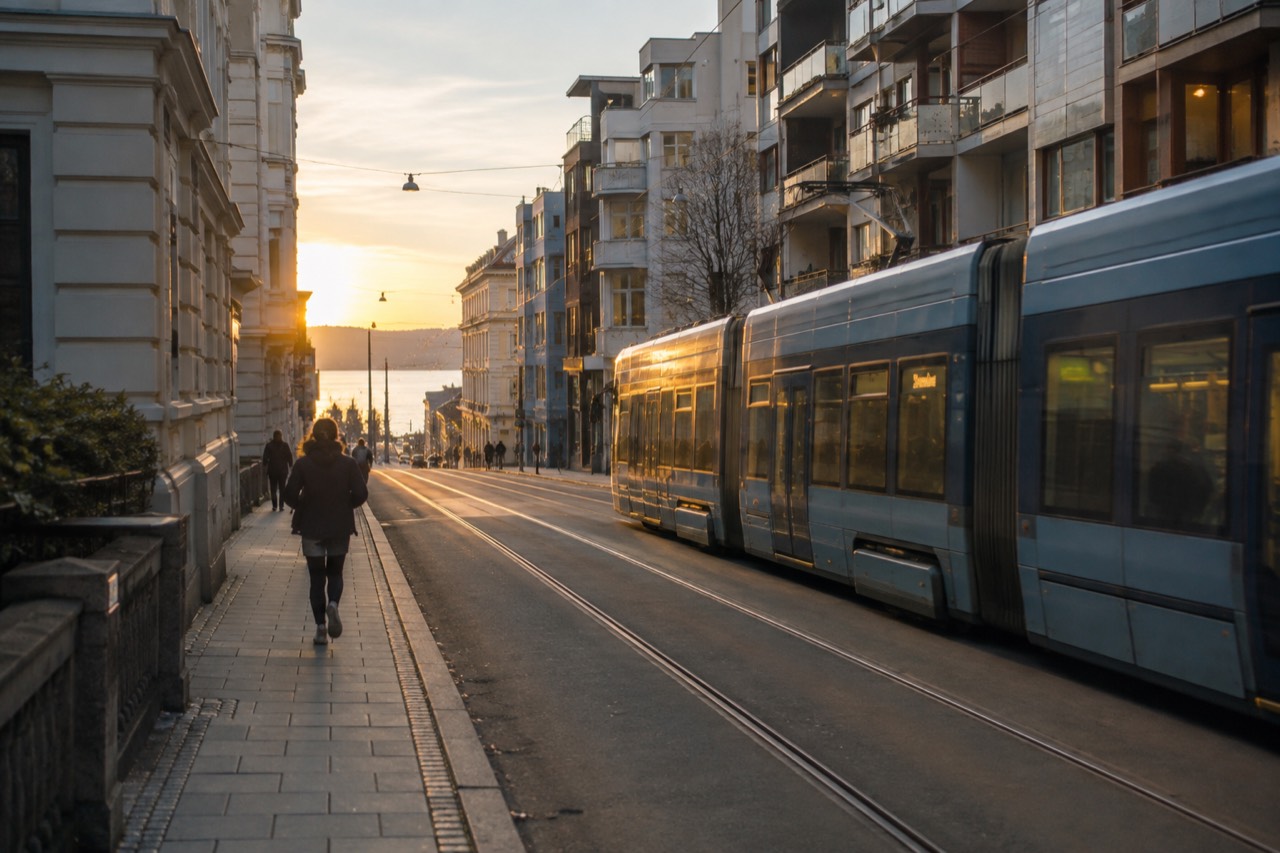 A tram passing modern apartment buildings along a street in central Oslo