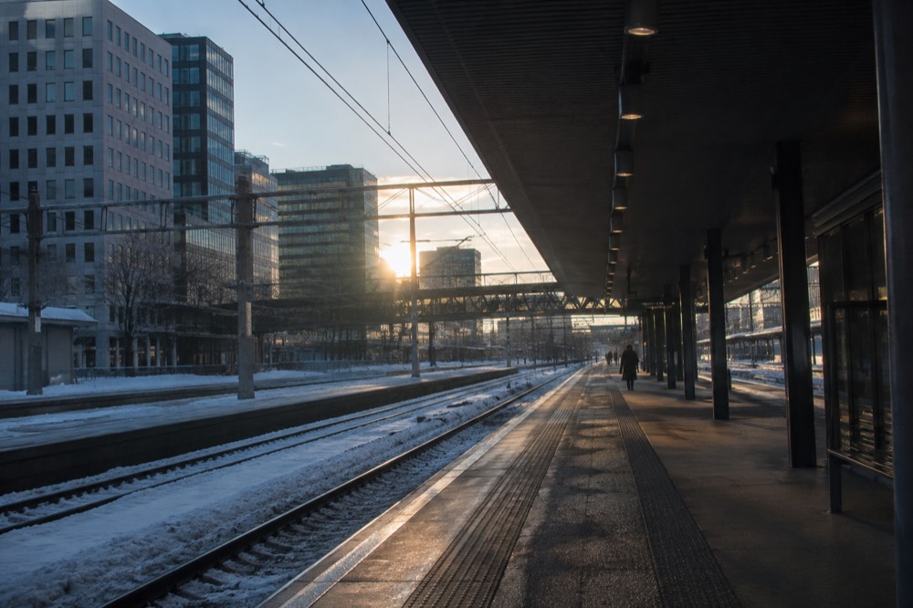 Empty platform at Oslo Central Station on a quiet winter afternoon