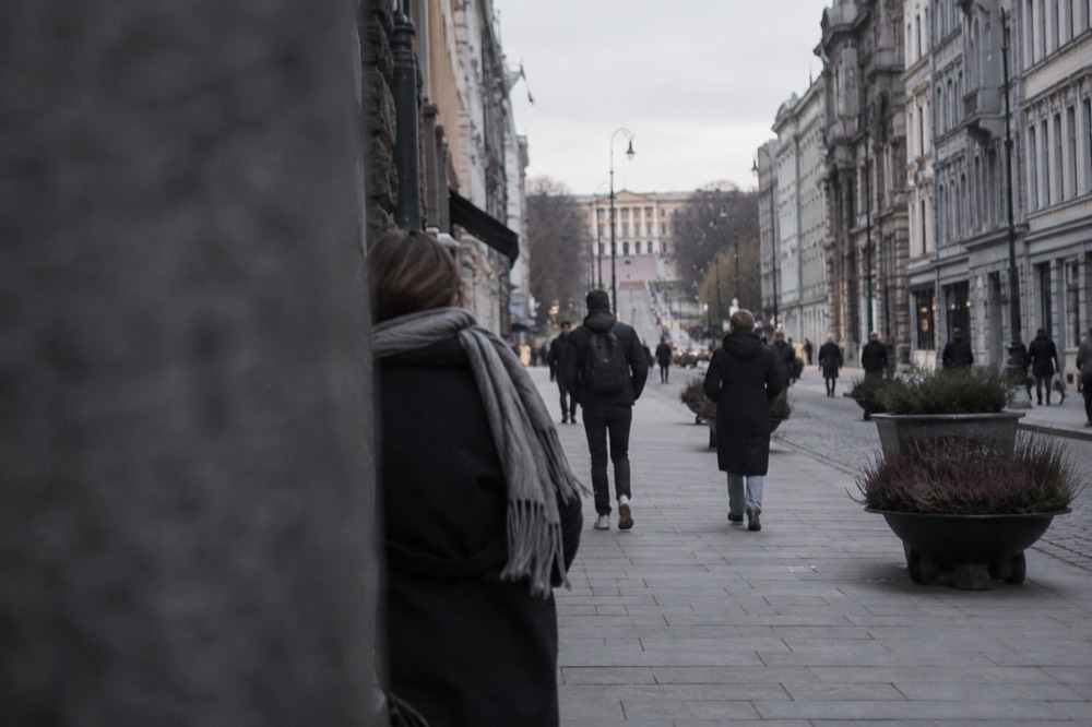 Karl Johans gate leading uphill from the station toward the Royal Palace