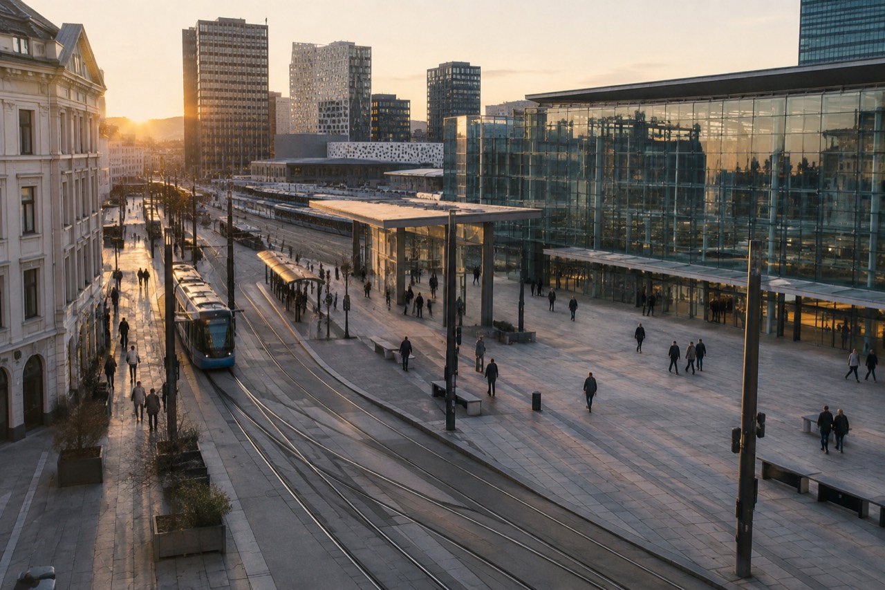 The modern glass and steel facade of Oslo Sentralstasjon with tram tracks in front