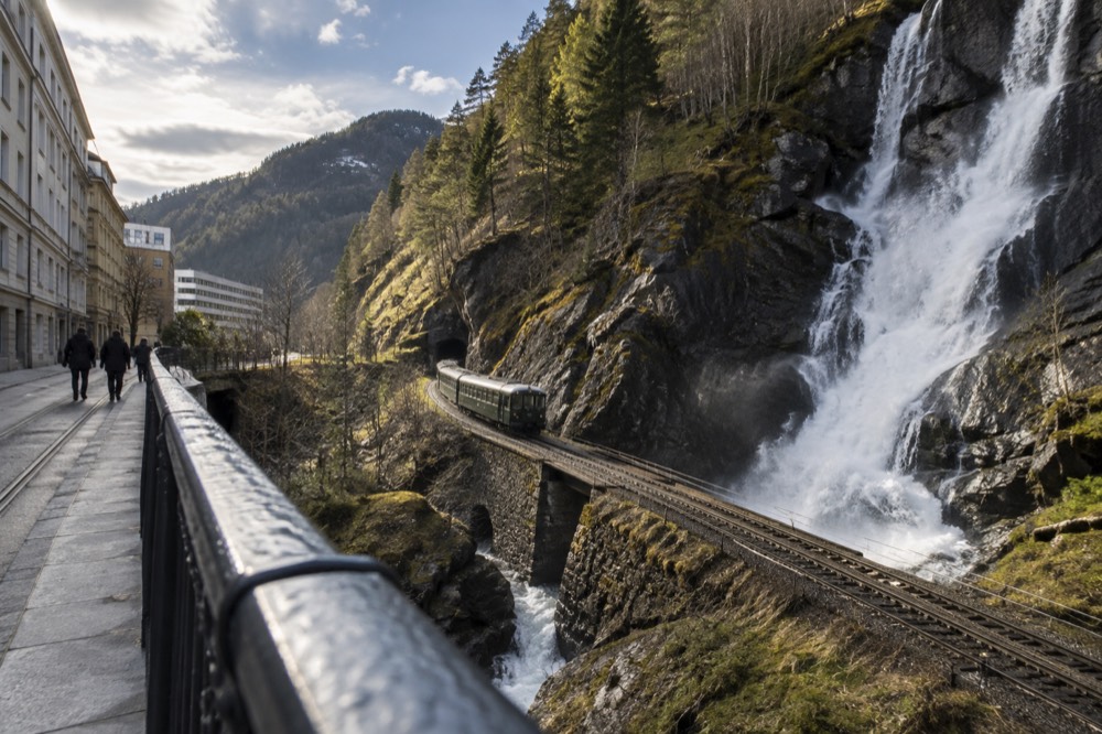 A small train on a steep mountain branch line beside a tall waterfall and green gorge