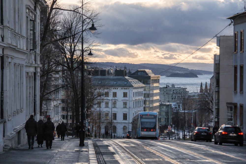Rain clouds moving over the Oslofjord and city rooftops