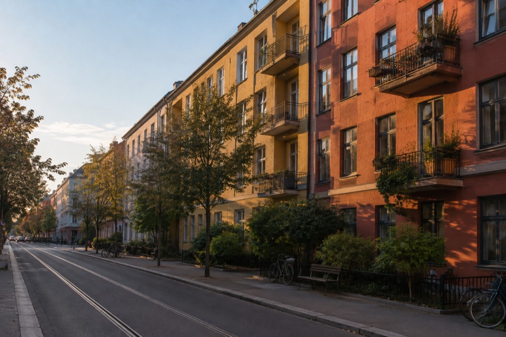 Row of colorful brick apartment buildings on a quiet street in Grünerløkka