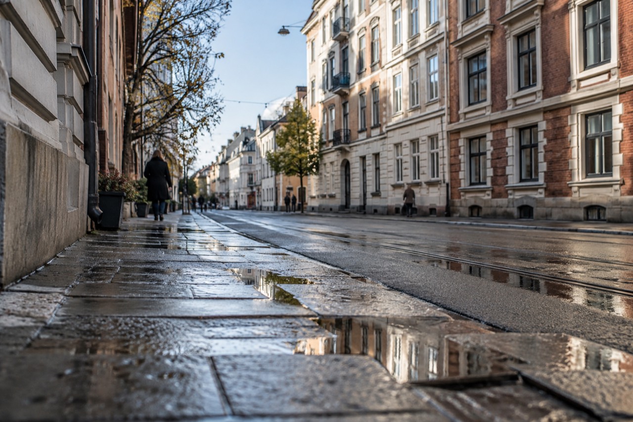 Quiet Oslo street lined with old brick apartment buildings in soft daylight