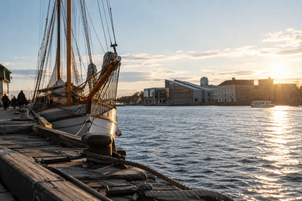 Wooden sailing ship moored at a Oslofjord pier with museum buildings behind