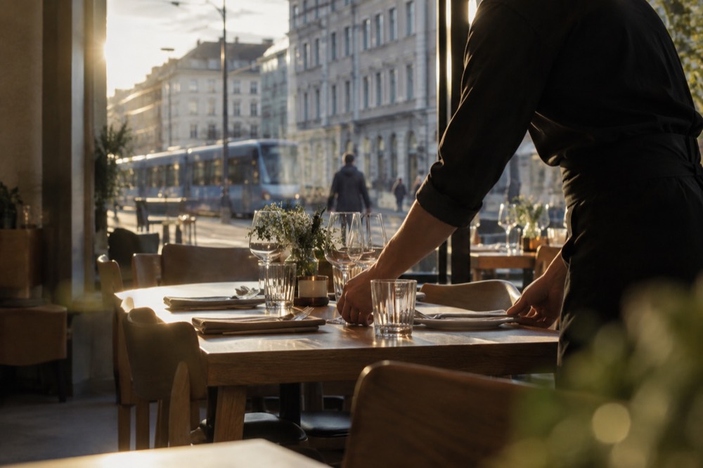 A waiter setting a table beside a window in a Scandinavian restaurant interior