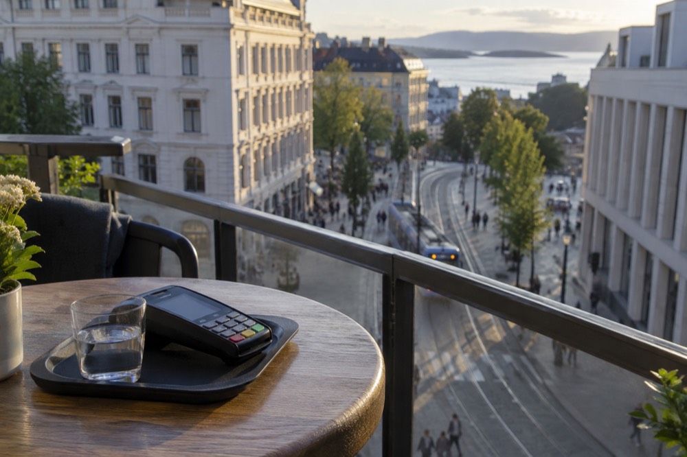 A small tray with a card terminal and a glass of water on a wooden restaurant table