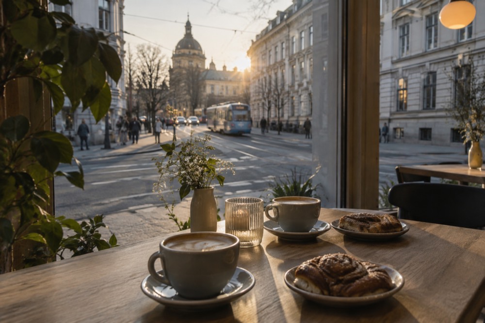 A wooden table with coffee cups and pastries beside a window in a bright Oslo café
